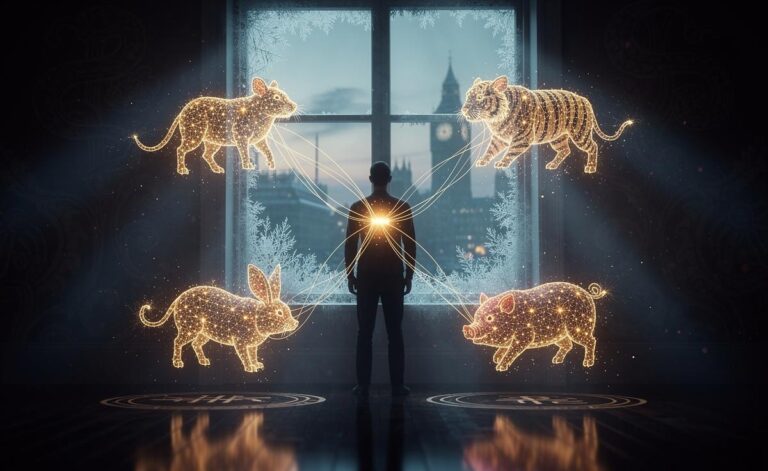 Illustration of five Chinese zodiac signs—Rat, Tiger, Rabbit, Snake, and Pig—receiving divine messages on 7 January 2026