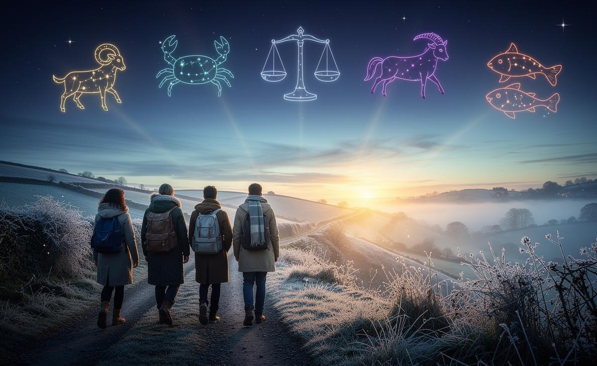 Illustration of five zodiac signs—Aries, Cancer, Libra, Capricorn, and Pisces—beginning a journey towards fulfilling dreams on 10 January 2026