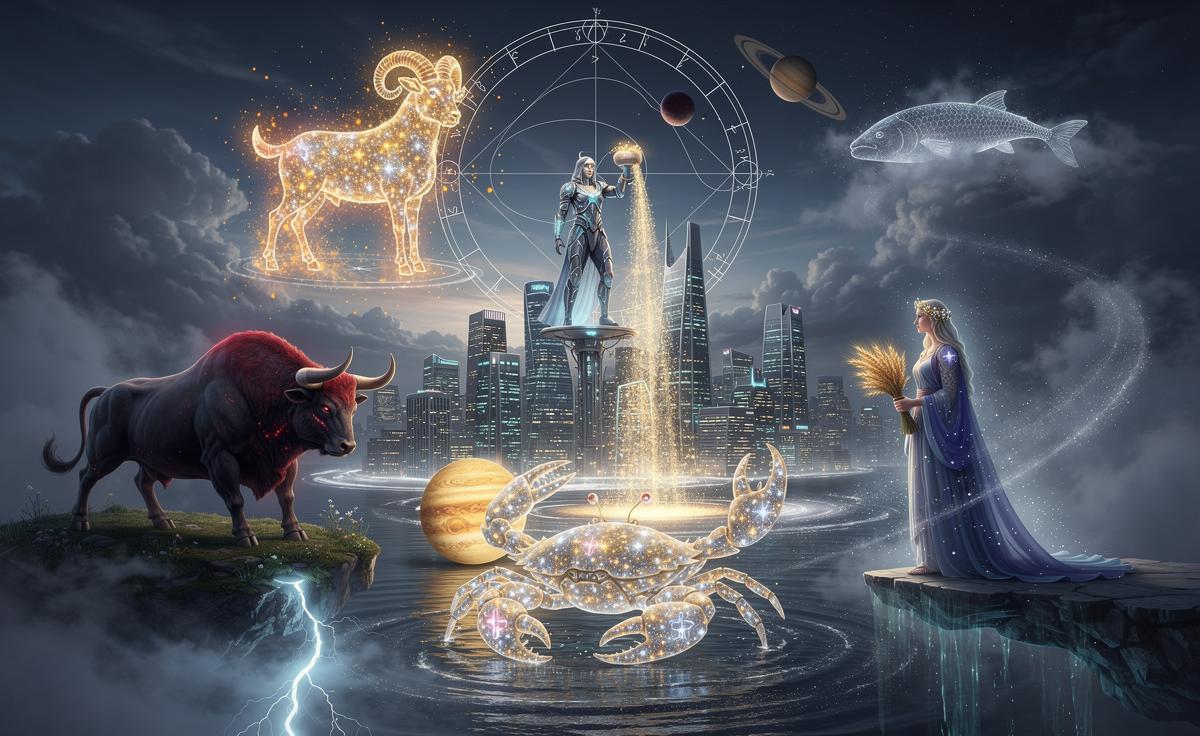 Illustration of five zodiac signs—Aries, Cancer, Taurus, Virgo, and Aquarius—embracing significant changes on 8 January 2026, influenced by Pluto in Aquarius, Jupiter in Cancer, and Saturn in Aries