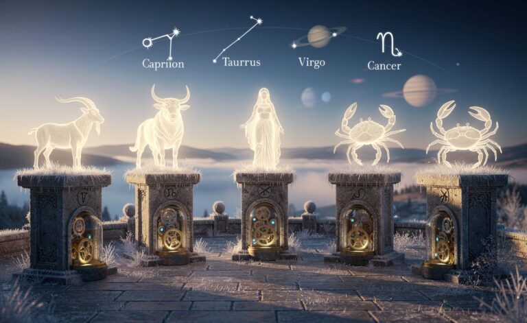 Illustration of five zodiac signs — Capricorn, Taurus, Virgo, Cancer, and Scorpio — entering a phase of reliability on 2 January 2026
