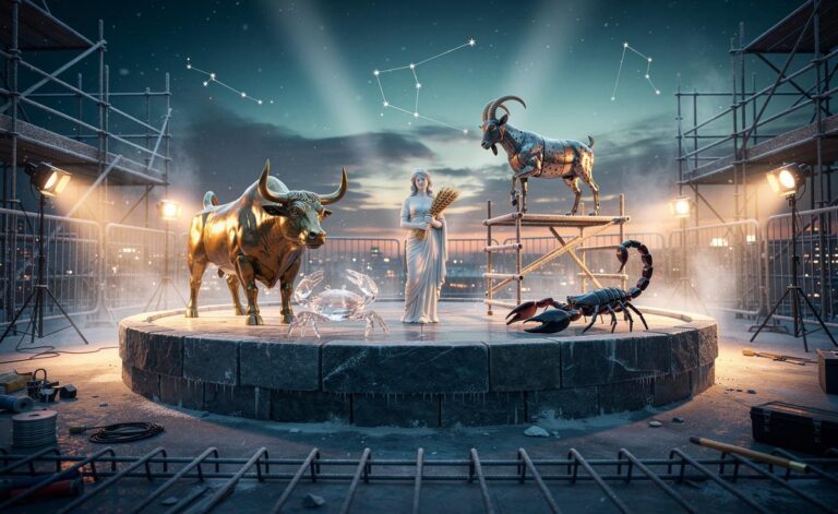 Illustration of the five zodiac signs Taurus, Cancer, Virgo, Capricorn, and Scorpio strengthening their foundations on 2 January 2026