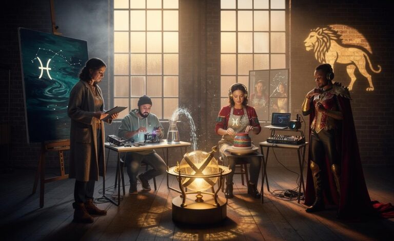 Illustration of Pisces, Aquarius, Taurus, Gemini, and Leo tapping into creative energy on 6 January 2026.