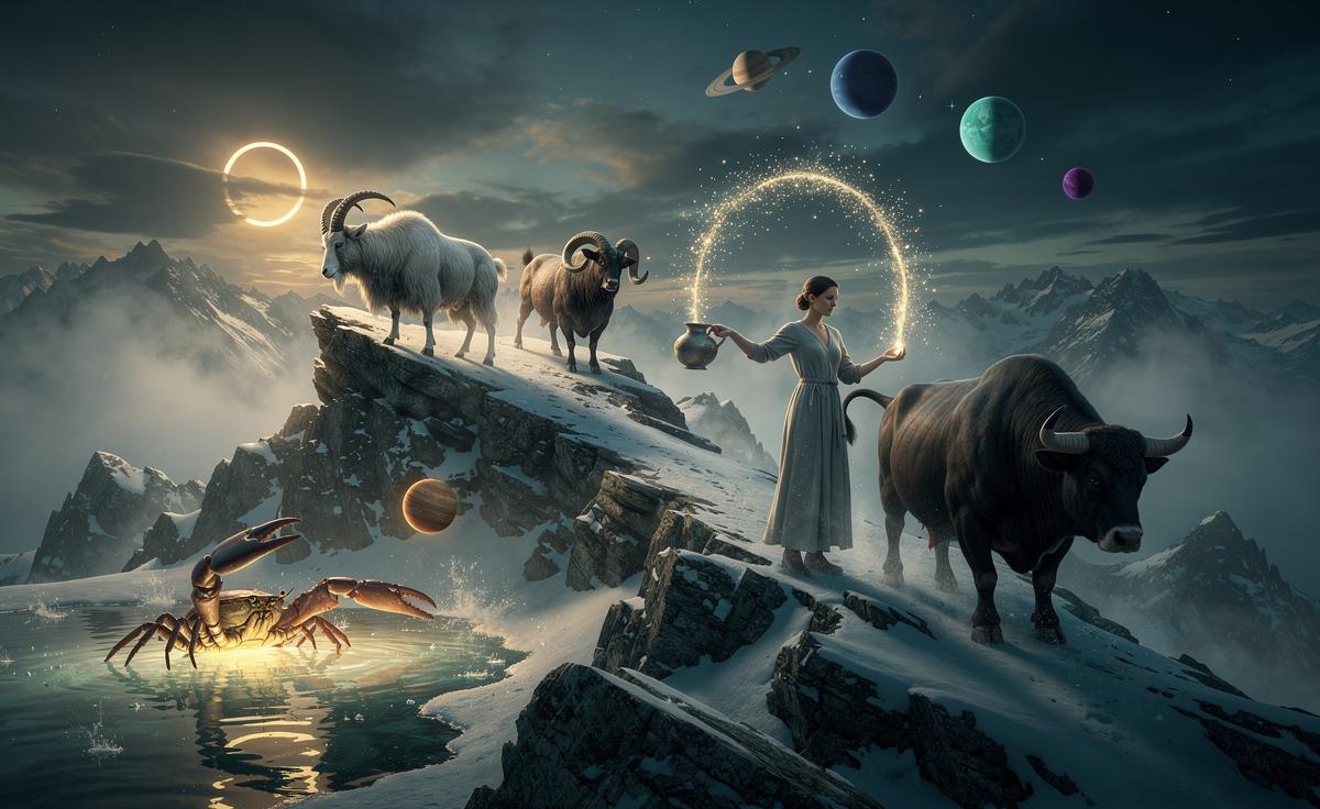 Illustration of the five zodiac signs—Capricorn, Aries, Cancer, Aquarius and Taurus—poised to thrive through challenges on 9 January 2026