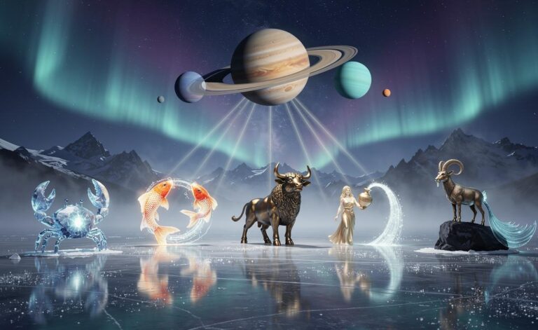 Illustration of the five zodiac signs—Cancer, Pisces, Taurus, Aquarius, and Capricorn—highlighted under auspicious planetary alignments on 14 January 2026
