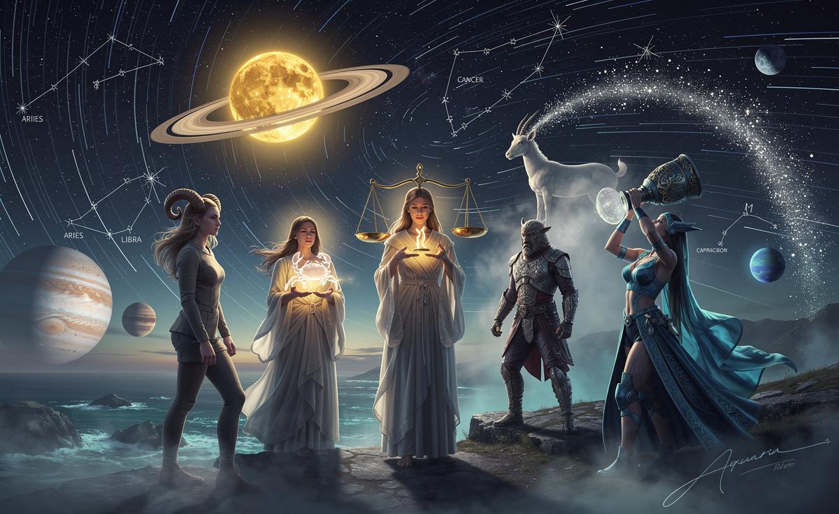 Illustration of five zodiac signs—Aries, Cancer, Libra, Capricorn, and Aquarius—experiencing transformative horoscopes on 14 January 2026