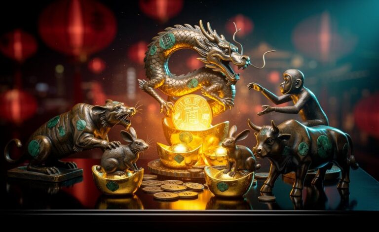 Illustration of six Chinese Zodiac signs—Rat, Ox, Tiger, Rabbit, Dragon, and Monkey—embracing prosperity on January 14, 2026