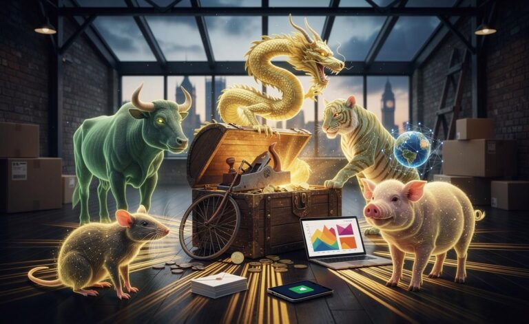 Illustration of six Chinese zodiac signs—Rat, Ox, Tiger, Dragon, Monkey, and Pig—uncovering hidden treasures on 10 January 2026