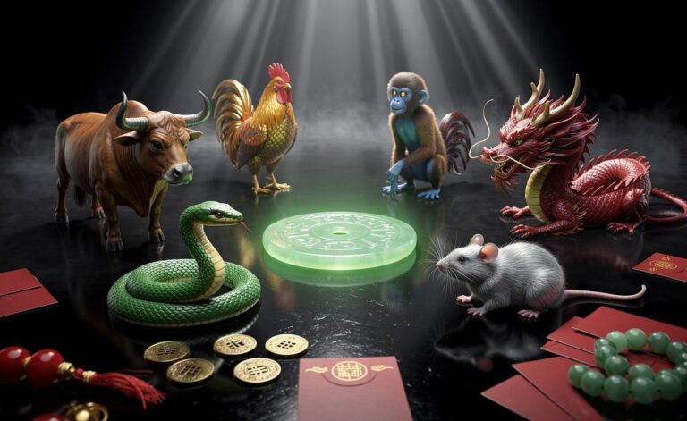 Illustration of six Chinese zodiac signs—Snake, Ox, Rooster, Monkey, Dragon, and Rat—welcoming prosperity on 10 January 2026
