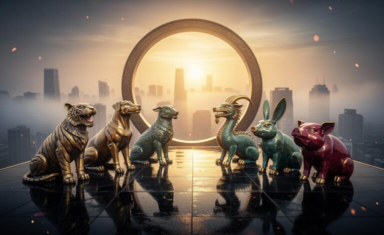 Illustration of seven Chinese Zodiac signs—Tiger, Dog, Goat, Snake, Dragon, Rabbit, and Pig—embracing new beginnings on January 9, 2026