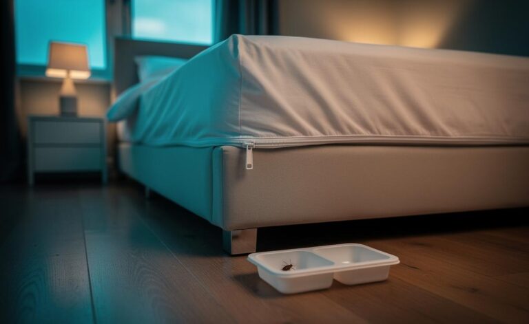 Illustration of a bed isolated from walls with a mattress encasement, tightly tucked light-coloured sheets, and bed-leg interceptors to keep bed bugs away