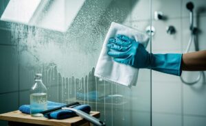 Illustration of white vinegar being used to remove hard water stains from a glass shower screen