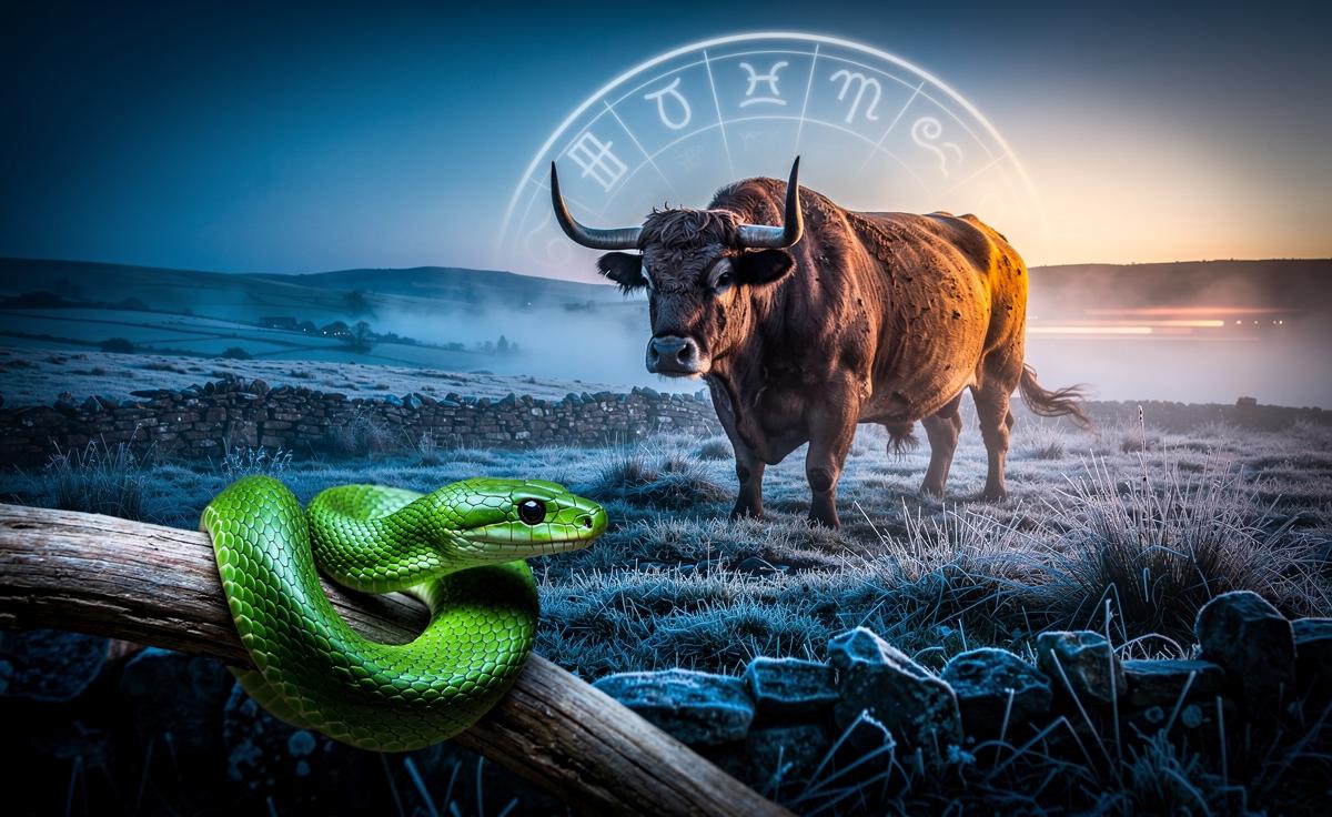 Illustration of the Chinese Zodiac horoscope for 4 January 2026, highlighting the Wood Snake year and the Ox month with a theme of strengthening stability