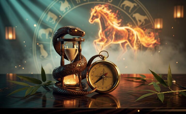 Illustration of Chinese Zodiac insight for January 1, 2026, under the Wood Snake, with the approaching Fire Horse