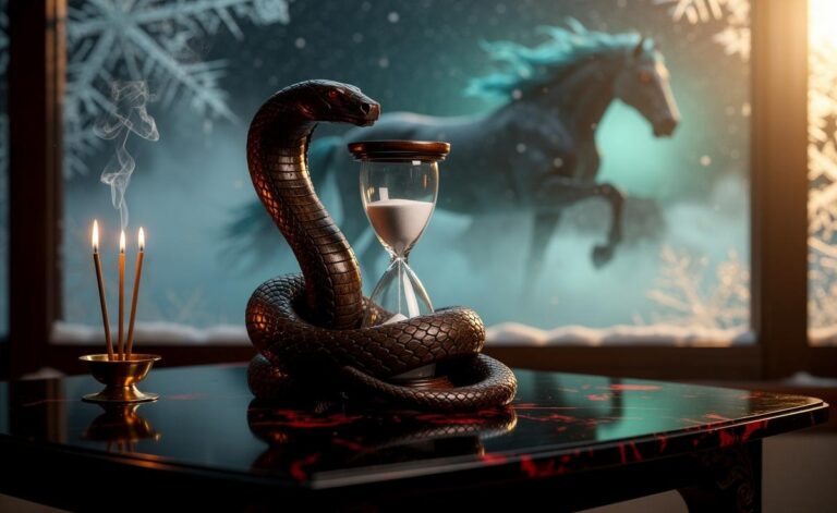 Illustration of the Chinese Zodiac for January 2, 2026, in the late Wood Snake year with the Horse year approaching