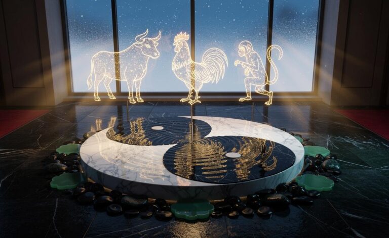 Illustration of the Ox, Rooster, and Monkey Chinese zodiac signs experiencing balanced flow on 4 January 2026