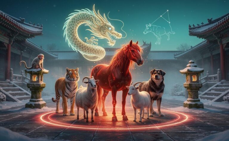 Illustration of Chinese zodiac signs—Horse, Tiger, Dog, Goat, Dragon, and Monkey—feeling protected on 1 January 2026