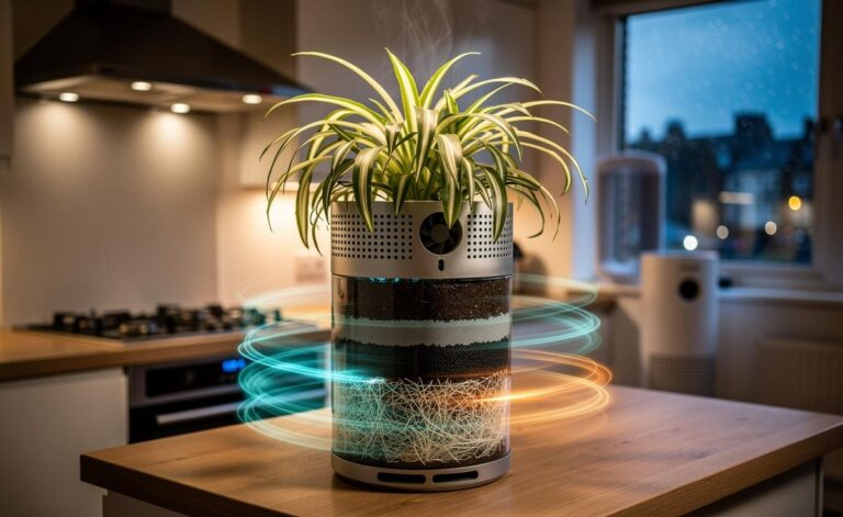 Illustration of an indoor plant-powered biofilter with a potted houseplant and a USB fan drawing air through an activated carbon layer and the root zone in a modern UK home