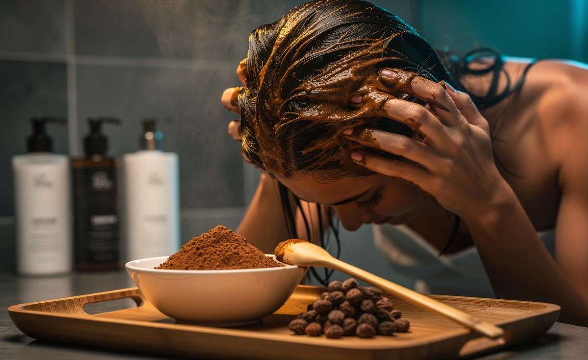 Illustration of shikakai powder and paste being applied to a wet scalp as a natural shampoo alternative that cleans and boosts shine in minutes
