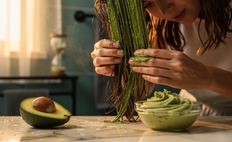 Illustration of an avocado hair mask being applied to dry, damaged hair to restore shine in 30 minutes