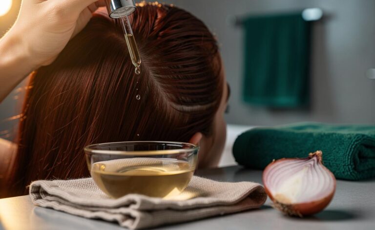Illustration of onion juice being applied to the scalp to boost hair growth in one week