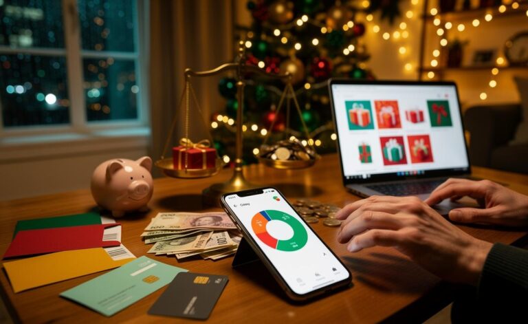 Illustration of maintaining a balanced budget during the holiday shopping season