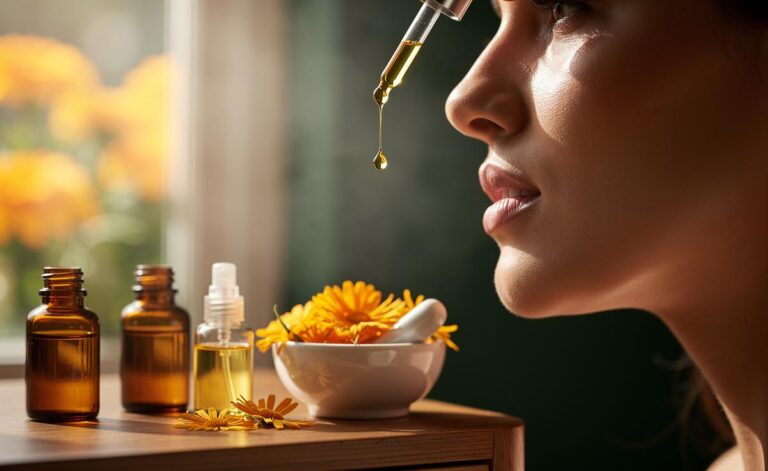 Illustration of calendula (garden marigold) petals and a homemade oil macerate used for soothing, budget-friendly skincare