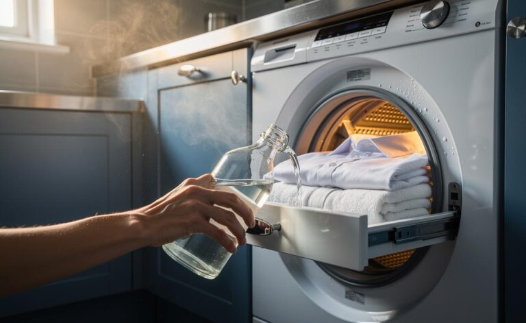 Illustration of distilled white vinegar whitening laundry in a washing machine