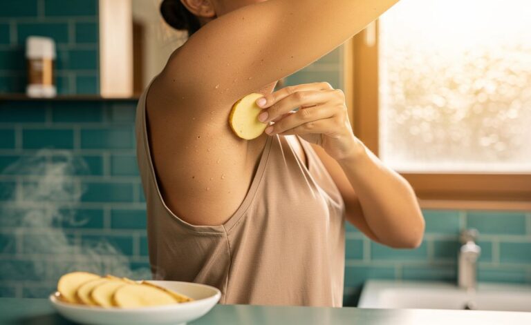 Illustration of a person applying a raw potato slice to the underarm as a natural deodorant alternative.