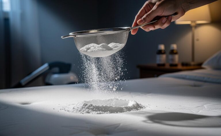 Illustration of a simple natural mix—baking soda, fine salt, food-grade diatomaceous earth, and essential oils—being sifted over a mattress to eliminate dust mites overnight
