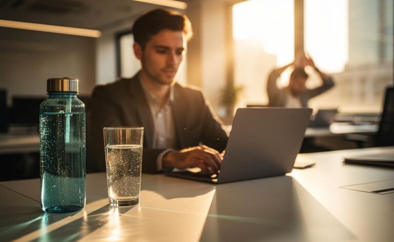 Illustration of proper hydration boosting concentration during afternoon slumps