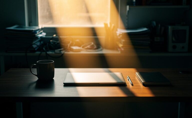 Illustration of a decluttered desk that instantly improves productivity threefold