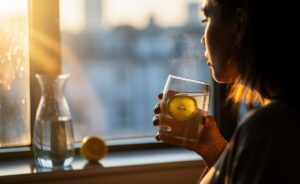 Illustration of a person drinking warm lemon water at sunrise to ease morning fog and enhance mental clarity