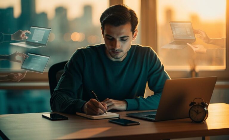 Illustration of a person focusing on a single task in a distraction-free workspace to prevent burnout from multitasking