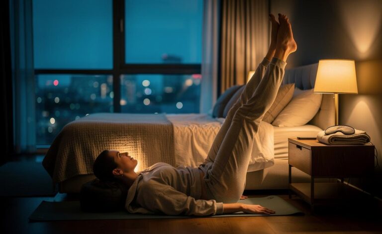 Illustration of a person performing a gentle ten-minute stretching routine before bed in a dimly lit bedroom to improve sleep