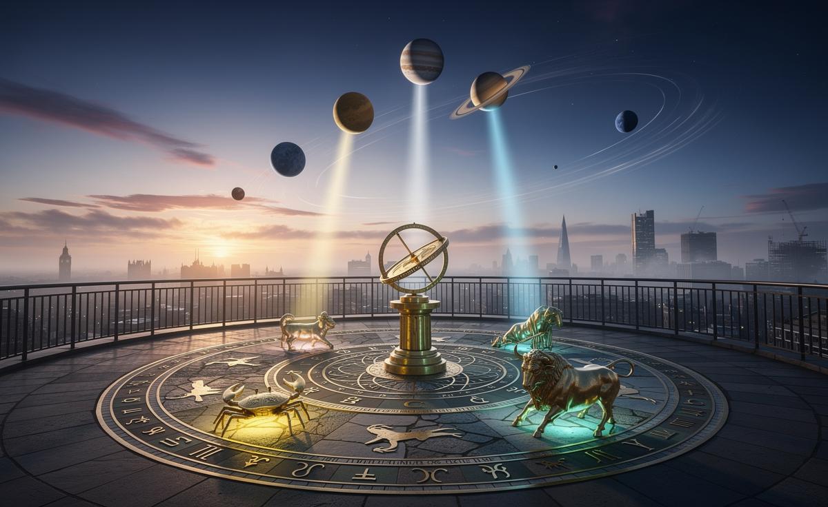 Illustration of 1 January 2026 bringing hope and momentum to Cancer, Aries, Taurus, and Aquarius under Jupiter in Cancer, Saturn in Aries, Uranus in Taurus, and Pluto in Aquarius