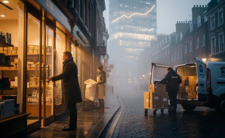 Illustration of subtle economic growth on 2 January 2026 across the UK, with steady markets, cautious investors, and incremental high street gains