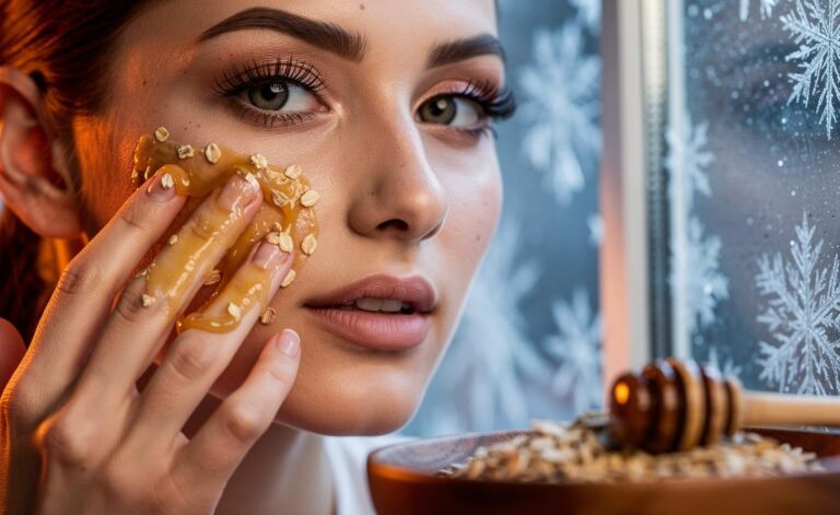 Illustration of an oatmeal and honey paste being applied to dry facial skin for deep moisturising