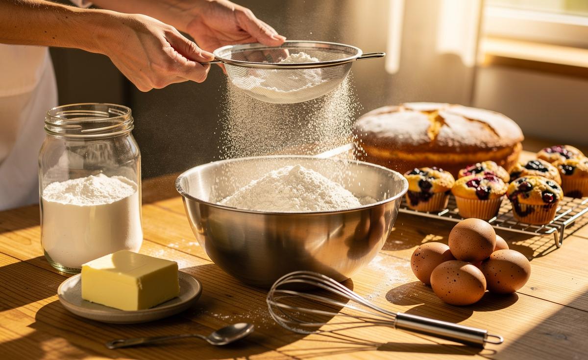 Illustration of cornflour being sifted into plain flour to achieve fluffy bakes