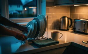 Illustration of a late-night routine of stacking dishes to keep countertops clutter-free and prevent morning messes