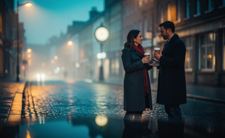Illustration of patience unveiling new depths in love on 10 January 2026, with a couple moving slowly and attentively through a calm winter cityscape, exchanging honest, steady conversation that signals trust and clear boundaries