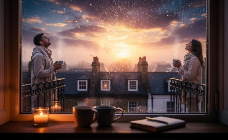 Illustration of a love horoscope for 1 January 2026, depicting the return of hope through New Year celestial motifs and gentle romantic symbolism