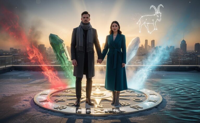 Illustration of New Year’s Day 2026 love horoscope—new energy and new choices—with Capricorn season themes and elemental guidance for singles and couples