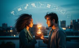 Illustration of a zodiac wheel, an hourglass, and a calendar marked January 14, 2026, representing a love horoscope that advises not to rush decisions