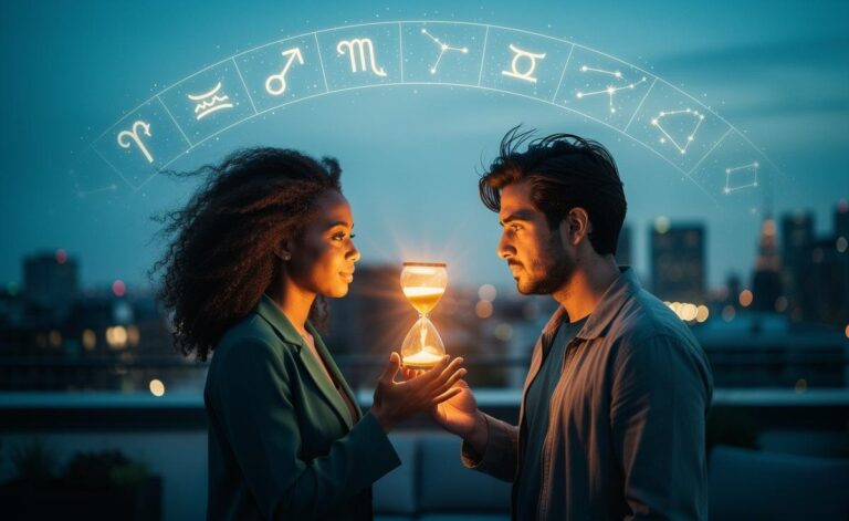 Illustration of a zodiac wheel, an hourglass, and a calendar marked January 14, 2026, representing a love horoscope that advises not to rush decisions