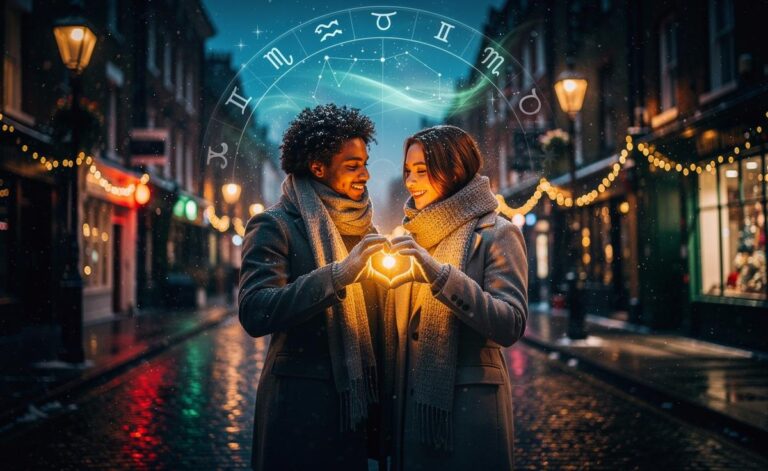 Illustration of a love horoscope for 15 January 2026 encouraging open hearts, with zodiac symbols and a couple beneath winter lights