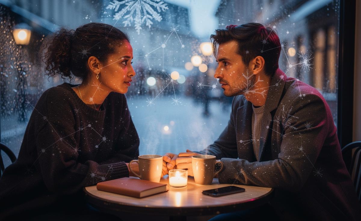 Illustration of a love horoscope for January 18, 2026, highlighting intensified emotional connections, zodiac symbols, and a couple in reflective conversation.
