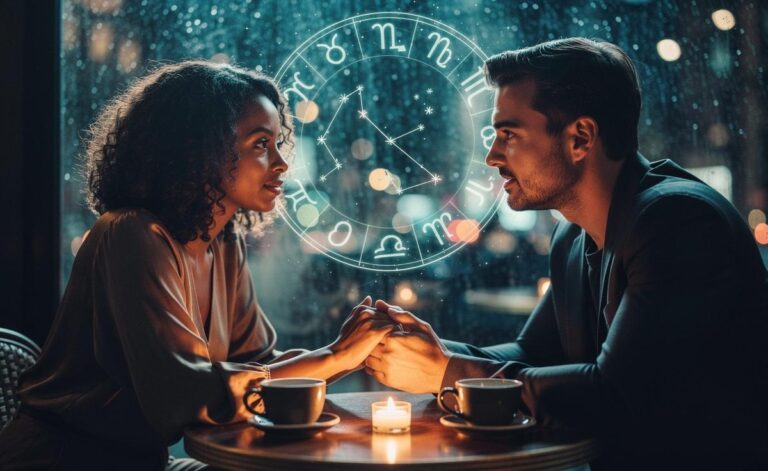 Illustration of a love horoscope for 19 January 2026 highlighting a couple engaged in honest conversation, with zodiac symbols and a calendar date in the background