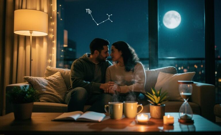Illustration of a love horoscope for 7 January 2026 during Capricorn season, highlighting finding comfort within through steady rituals and soothing communication