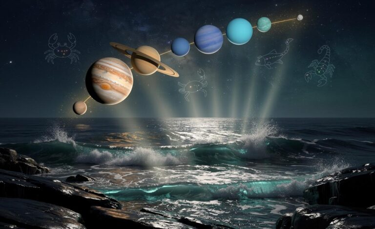 Illustration of major planetary alignments boosting the fortunes of Cancer, Pisces, and Scorpio on January 13, 2026