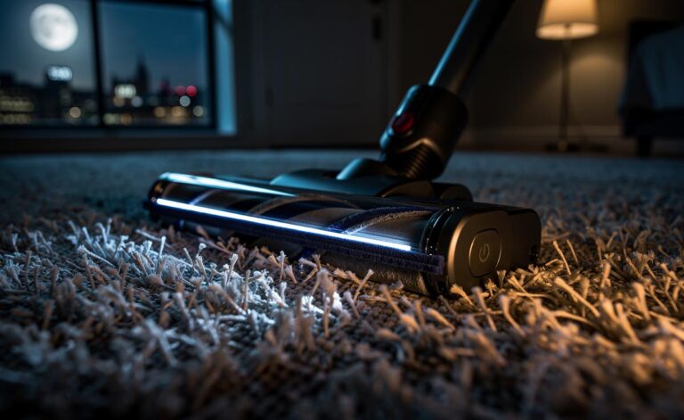 Illustration of a low-noise vacuum cleaning a carpet at midnight to enhance underfoot comfort
